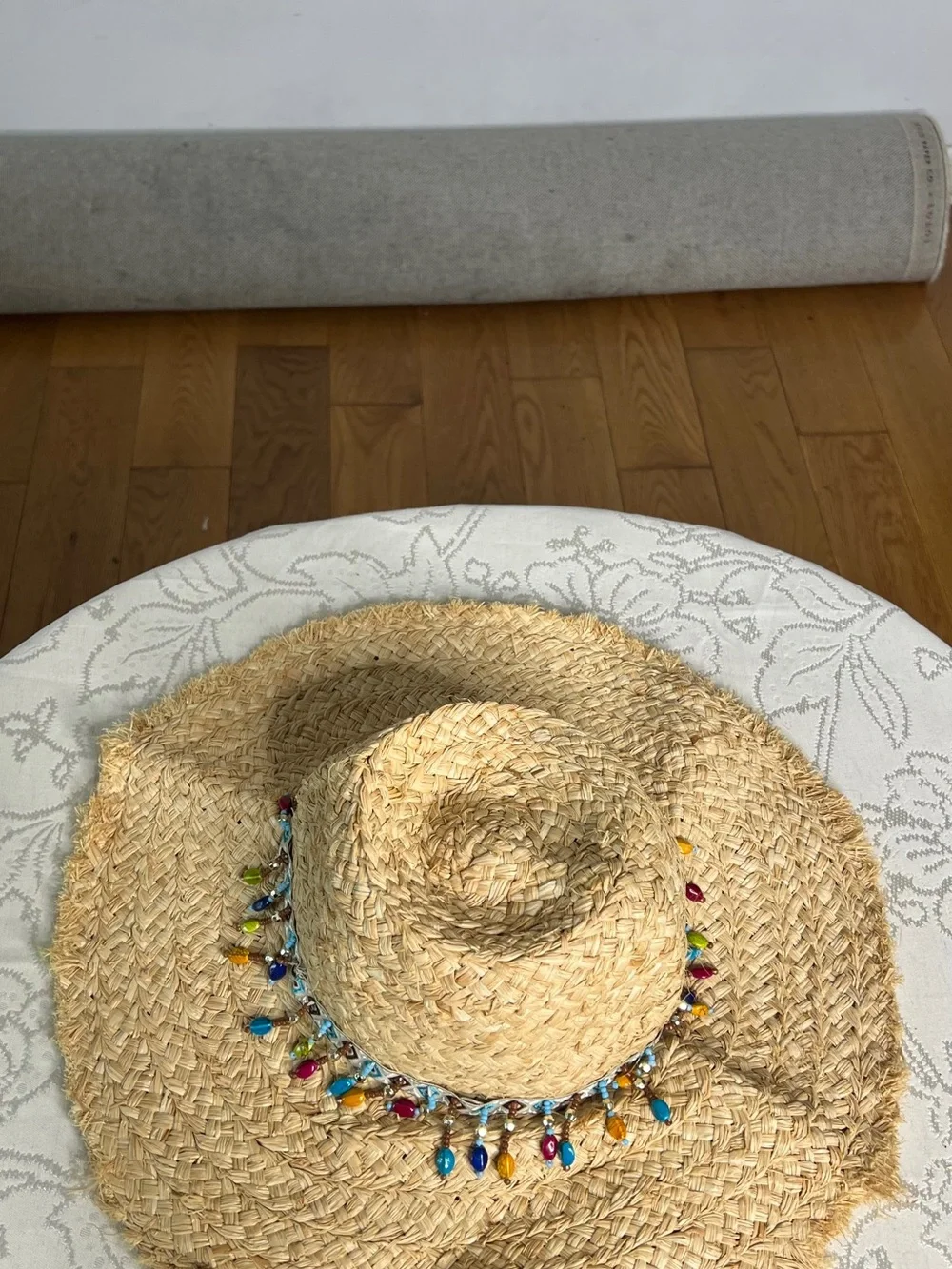 Natural Straw Sun Hat with Multicolor Bead Trim